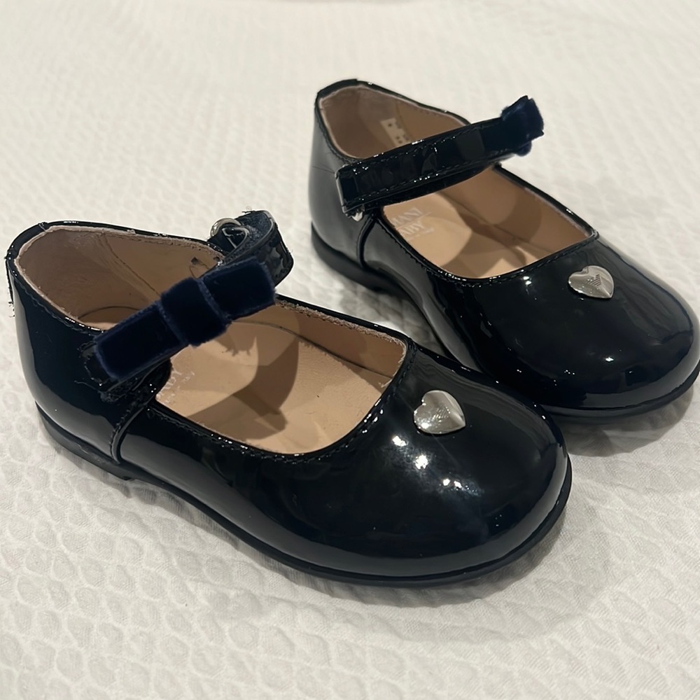 Armani Baby Black Patent Leather w Navy Velvet Bow Shoes, Size 22, US 6